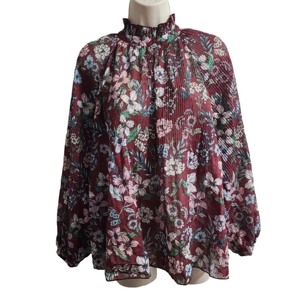 TOPSHOP Floral Ruffle Neck Blouse Dark Red Size 8 - Picture 1 of 11